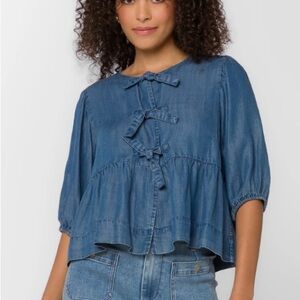 NWT Velvet Heart Lamont Calva Denim Bow Peplum Top L Large